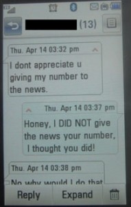 Text from girl: I dont appreciate u giving my number to the news (objecting to KGET TV-17 reporter contacting her)